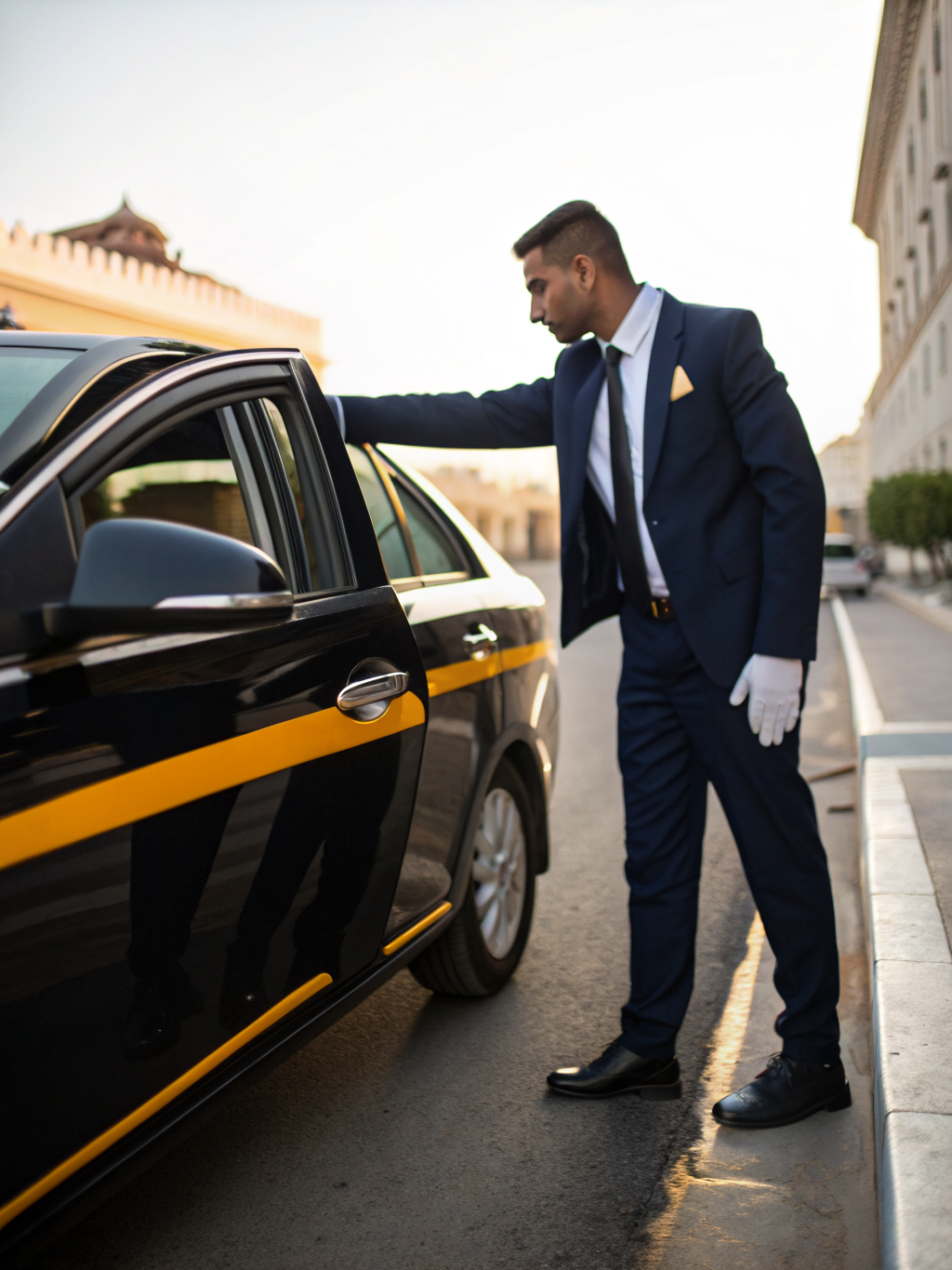 Professional chauffeur opening luxury SUV door