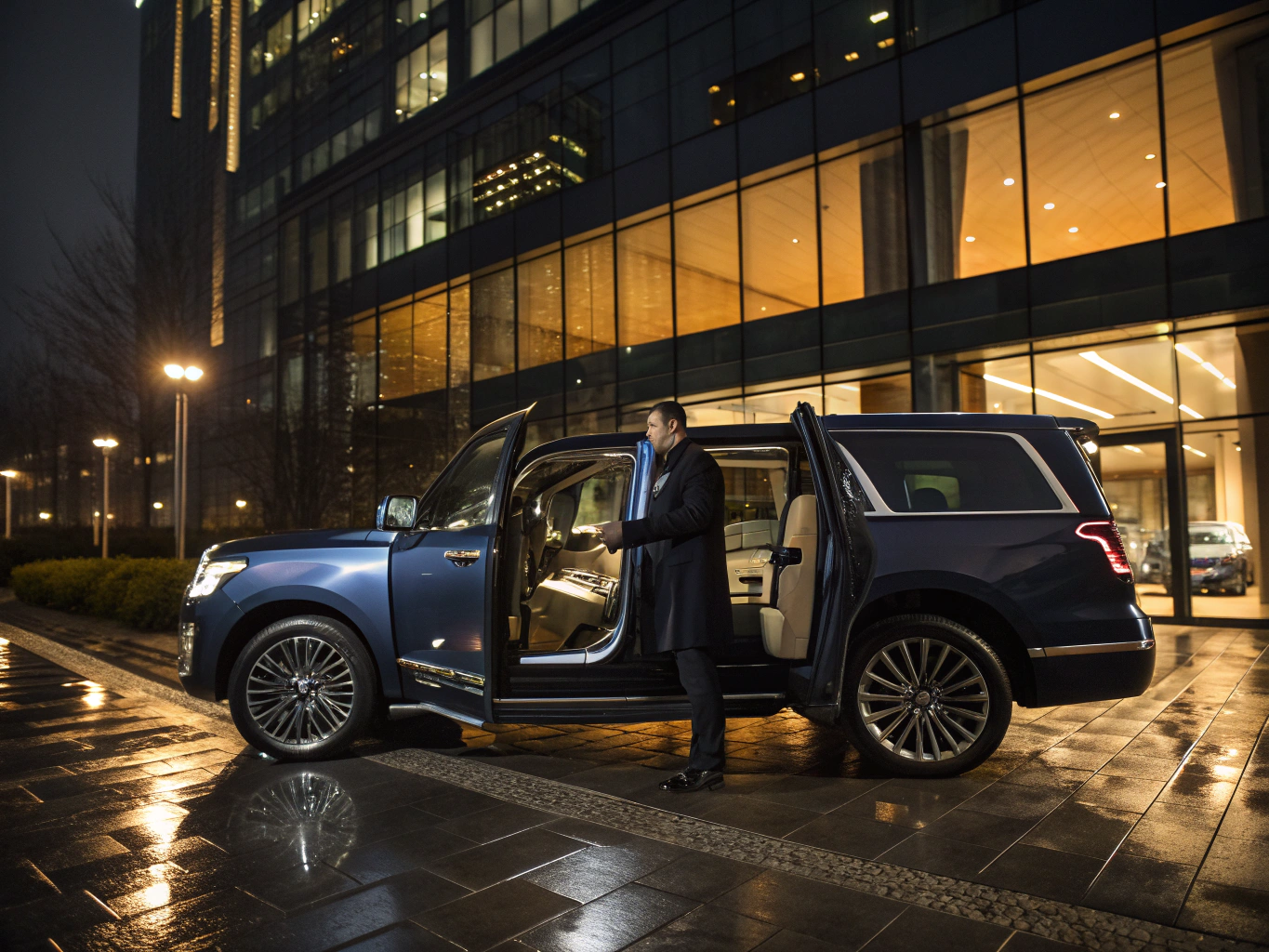 Professional Chauffeur standing by a luxury black SUV