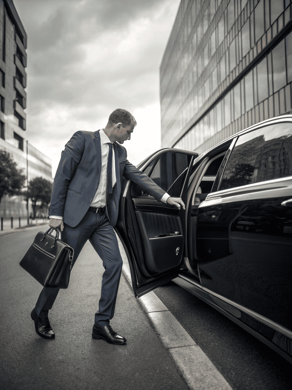 Business executive entering a luxury black car