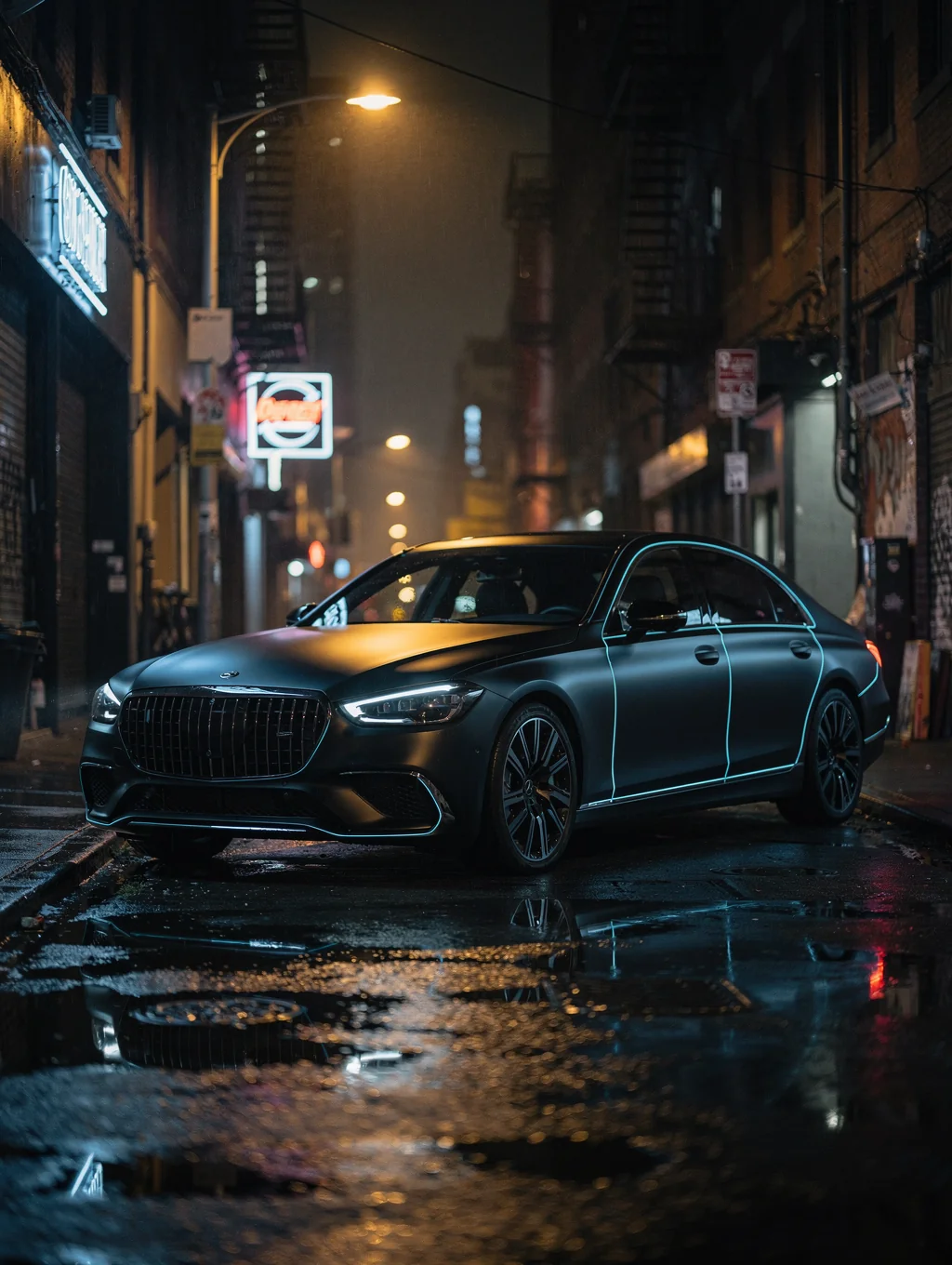 Luxury black sedan parked in downtown Los Angeles