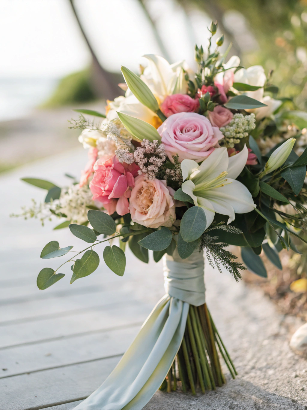 Bridal bouquet and wedding dress detail