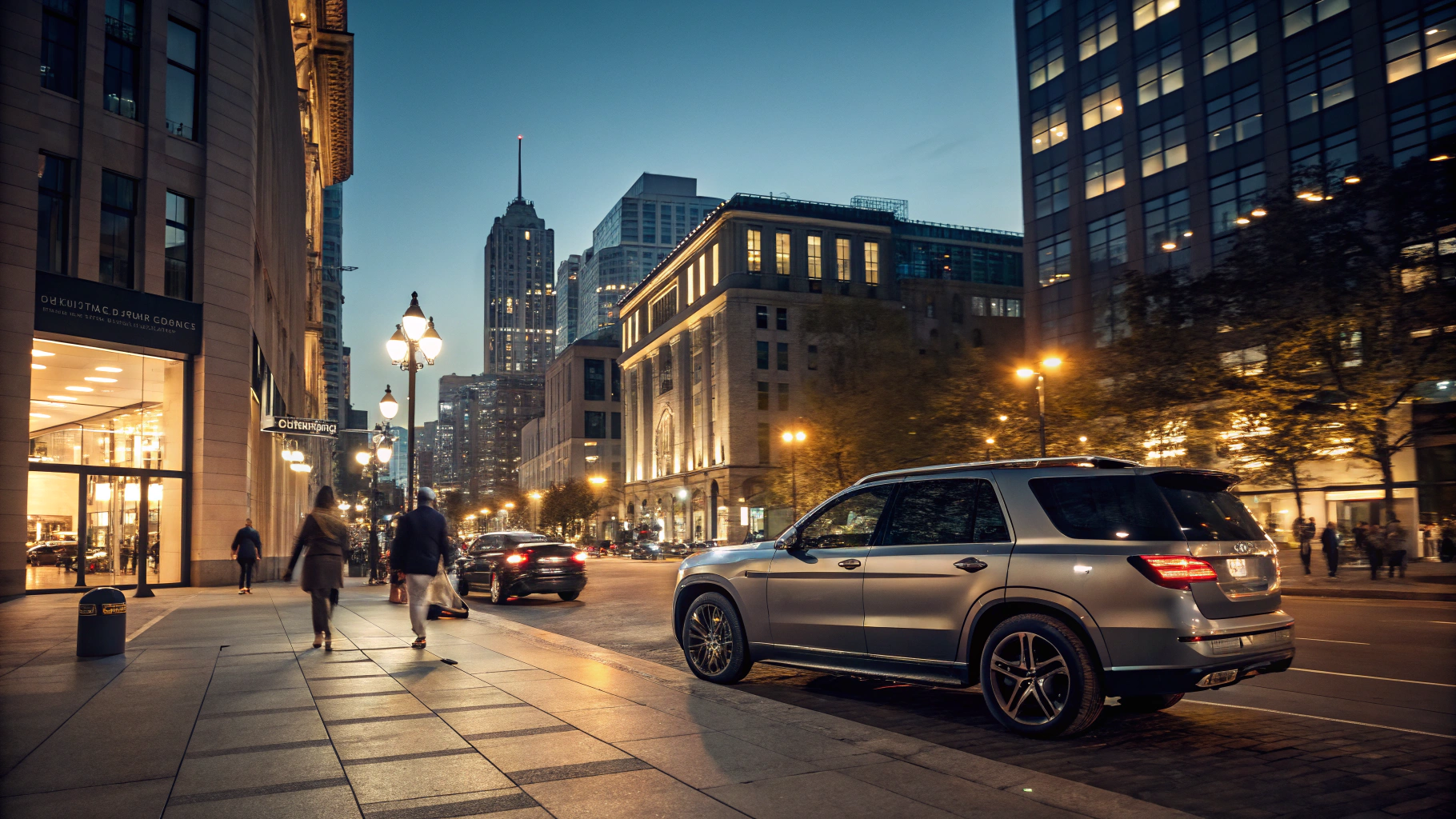 Luxury black SUV in Los Angeles at night