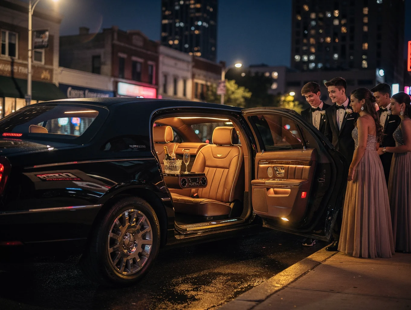 Group of friends celebrating in a limousine