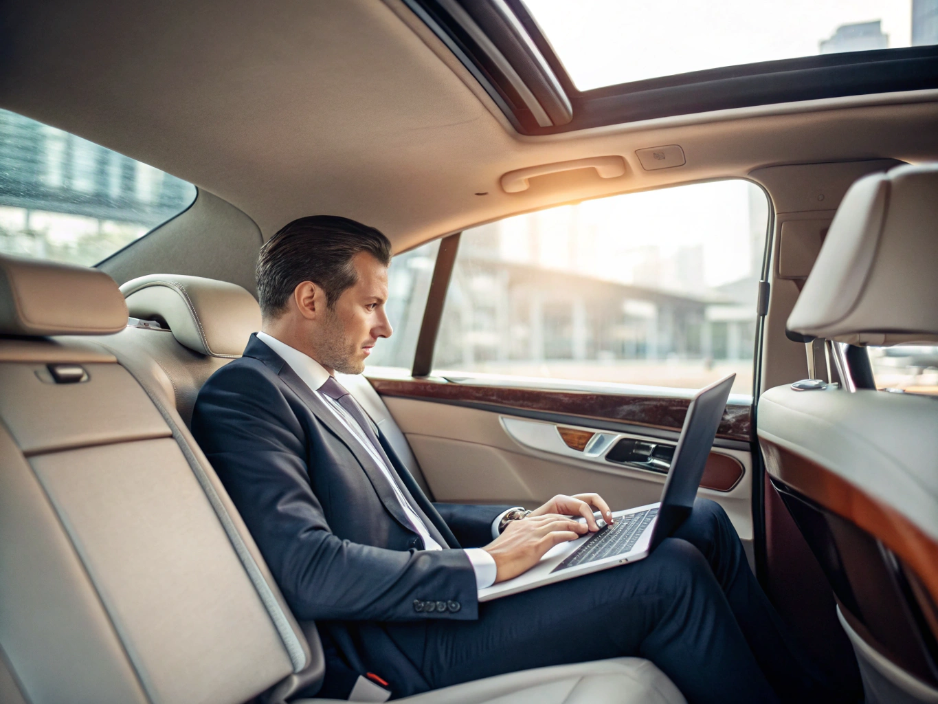 Executive working in the back of a luxury car