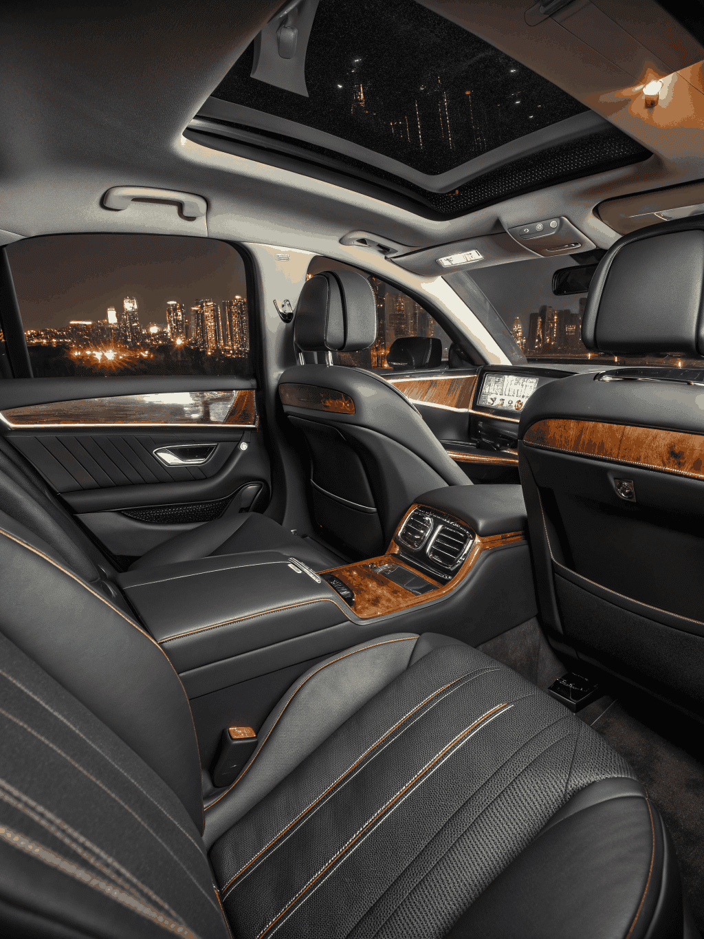 Professional chauffeur in suit opening car door